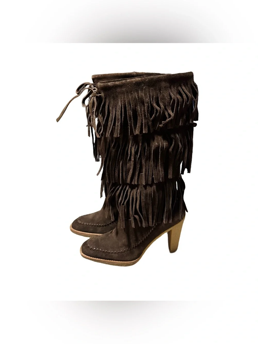 Michael Kors Suede Fringe Boot Women's 6.5 High Heel Chocolate Western Cowgirl - Picture 4 of 7